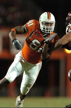 University of Miami Hurricanes defensive end Calais Campbell #81 lead the team with 5 solo tackles and 2 assists against the Virginia Tech Hokies at...