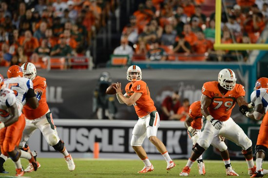 University of Miami Hurricanes quarterback Ryan Williams #11 plays in a game against the Savannah State Tigers at Sun Life Stadium on September 21,...