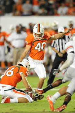 University of Miami Hurricanes kicker Jake Wieclaw #40 plays in a game against the Ohio State Buckeyes at Sun Life Stadium on September 17, 2011. ...