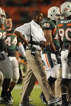 University of Miami Hurricanes head coach Randy Shannon calls in a play in a game against the Florida A&M Rattlers at Land Shark Stadium on October...