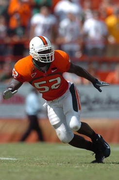 University of Miami linebacker Tavaris Gooden #52 plays in a game against the North Carolina State Wolfpack at the Orange Bowl on November 3, 2007. ...