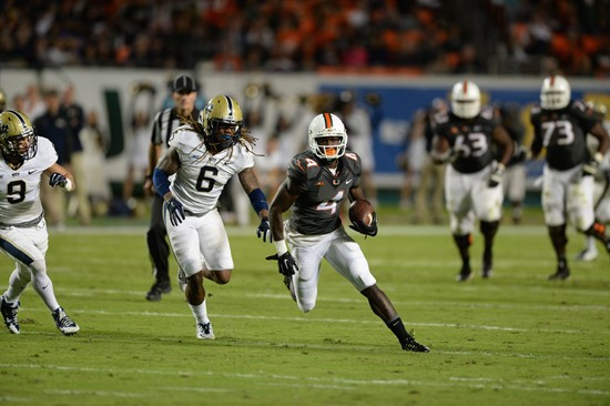 University of Miami Hurricanes wide receiver Phillip Dorsett #4 plays in a game against The Pittsburgh Panthers at Sun Life Stadium on November 29,...