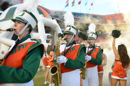 The University of Miami Band of the hour performs before a game against the Savannah State Tigers at Sun Life Stadium on September 21, 2013. Photo by...