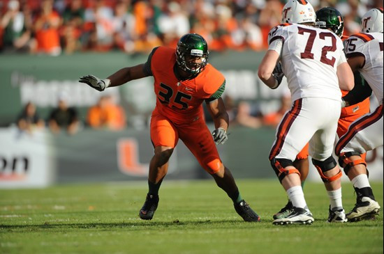 University of Miami Hurricanes defensive lineman Olivier Vemon #35 plays in a game against the Virginia Tech Hokies at Sun Life Stadium on November...