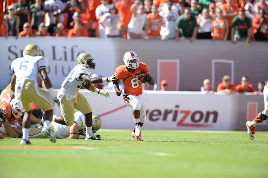 University of Miami Hurricanes running back Duke Johnson #8 plays in a game against the Georgia Tech Yellow Jackets at Sun Life Stadium on October 5,...