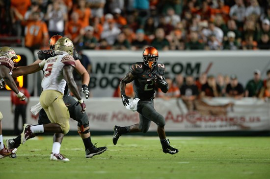 University of Miami Hurricanes running back Joseph Yearby #2 plays in a game against the Florida State Seminoles at Sun Life Stadium on November 15,...