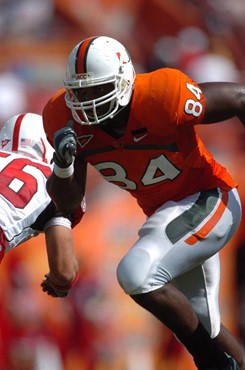 University of Miami tight end Richard Gordon #84 plays in a game against the North Carolina State Wolfpack at the Orange Bowl on November 3, 2007.   ...