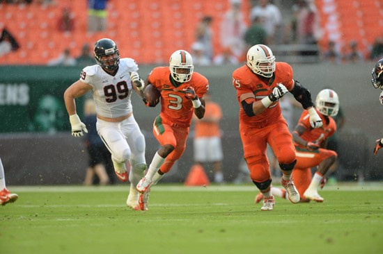 University of Miami Hurricanes wide receiver Stacy Coley #3 plays in a game against the Virginia Cavaliers at Sun Life Stadium on November 23, 2013. ...