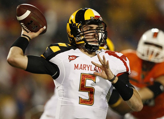 Maryland quarterback Danny O'Brien throws to a receiver in the first half of an NCAA football game against Miami in College Park, Md., Monday, Sept....