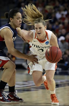 Miami's Stefanie Yderstrom, right, drives past Gonzaga's Haiden Palmer in the second half of an NCAA tournament second-round women's college...