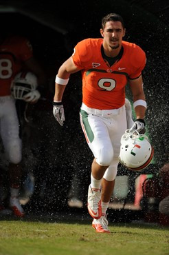 University of Miami Hurricanes tight end Chase Ford #9 catches a pass in a game against the Boston College Eagles at Sun Life Stadium on November 25,...