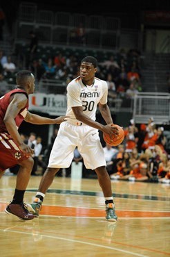 University of Miami Hurricanes forward, Adrian Thomas #30, plays host to the Boston College Eagles at the BankUnited Center on January 15, 2011.  The...