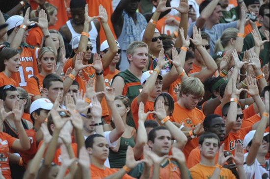 University of Miami Hurricane fans show their team spirit in a game against the Deamon Deacons of Wake Forest at Dolphin Stadium on October 25, 2008. ...