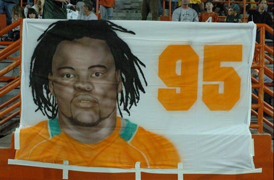 A banner was displayed in the west end zone to honor Bryan Pata; the Univesrity of Miami standout defensive lineman that was tragically shot earlier...