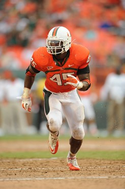 University of Miami Hurricanes linebacker Ramon Buchanan #45 plays in a game against the Kansas State Wildcats at Sun Life Stadium on September 24,...