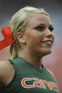 A University of Miami Hurricane cheerleader performs for fans in a game against the Deamon Deacons of Wake Forest at Dolphin Stadium on October 25,...