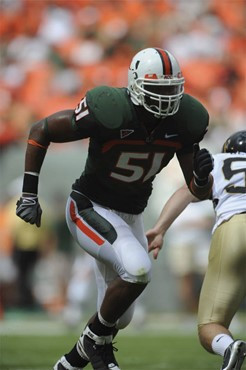 University of Miami Hurricanes linebacker Romeo Davis #51 plays in a game against the Deamon Deacons of Wake Forest at Dolphin Stadium on October 25,...