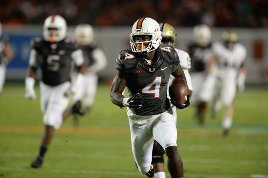 University of Miami Hurricanes wide receiver Phillip Dorsett #4 plays in a game against The Pittsburgh Panthers at Sun Life Stadium on November 29,...