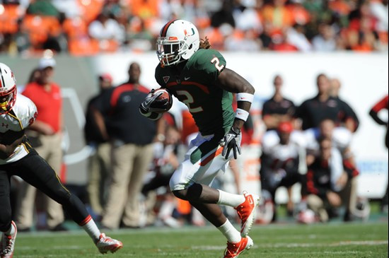 University of Miami Hurricanes running back Graig Cooper #2 rushes in a game against the Maryland Terrapins at Sun Life Stadium on November 6, 2010. ...