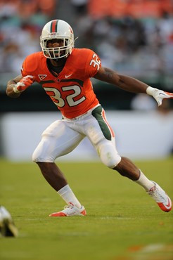 University of Miami Hurricanes defensive back Lee Chambers #32 plays in a game against the Georgia Tech Yellow Jackets at Sun Life Stadium on October...