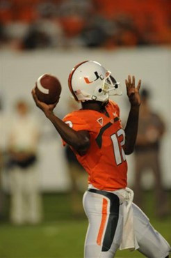 University of Miami Hurricanes quarterback Jacory Harris #12 plays in a game against Charleston Southern University in the Canes inaugural game at...
