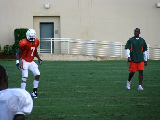 Vaughn Telemaque (7) and Randy Shannon at practice Sunday morning at the Greentree Practice Fields.