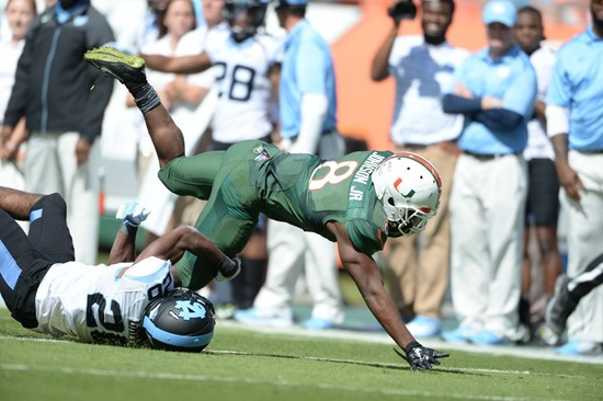 University of Miami Hurricanes running back Duke Johnson #8 plays in a game against the North Carolina Tar Heels at Sun Life Stadium on November 1,...