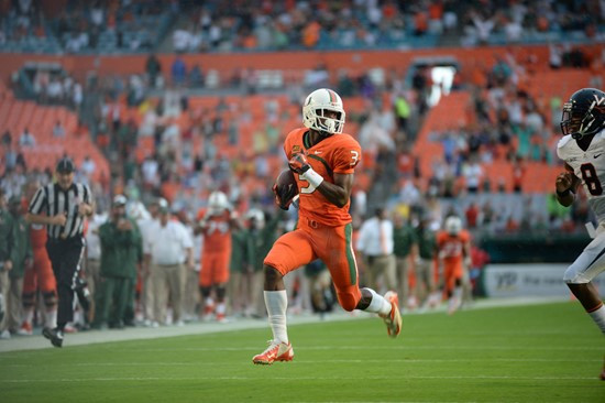 University of Miami Hurricanes wide receiver Stacy Coley #3 plays in a game against the Virginia Cavaliers at Sun Life Stadium on November 23, 2013. ...
