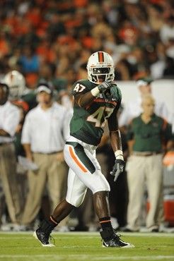 University of Miami Hurricanes wide receiver Laron Byrd #47 plays in a game against the Florida A&M Rattlers at Land Shark Stadium on October 10,...