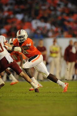 University of Miami Hurricanes linebacker Kelvin Cain #94 plays in a game against the Boston College Eagles at Sun Life Stadium on November 25, 2011. ...
