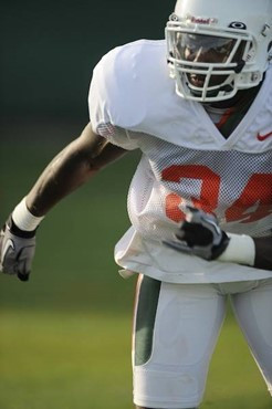 University of Miami Hurricanes players Jermaine Johnson #78 at Cobb Stadium training for the upcoming 2010 season. The practice was open for Season...