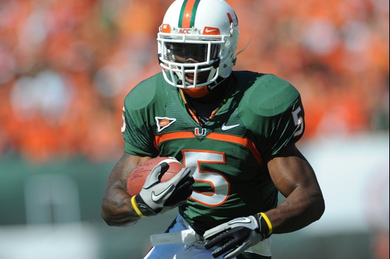 University of Miami Hurricanes running back Mike James #5 carries the ball against the Maryland Terrapins at Sun Life Stadium on November 6, 2010. ...