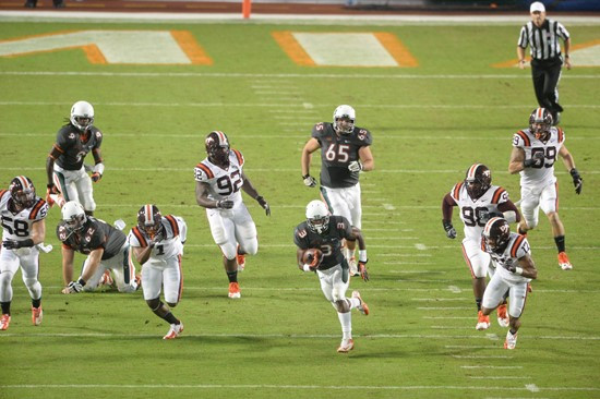 University of Miami Hurricanes wide receiver Stacy Coley #3 plays in a game against the Virginia Tech Hokies at Sun Life Stadium on November 9, 2013. ...