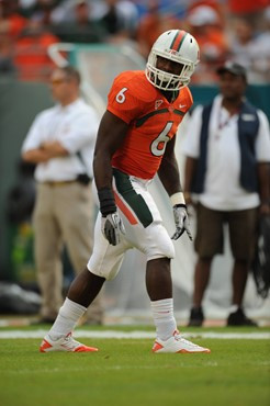 University of Miami Hurricanes running back Lamar Miller #6 carries the ball against the Boston College Eagles at Sun Life Stadium on November 25,...