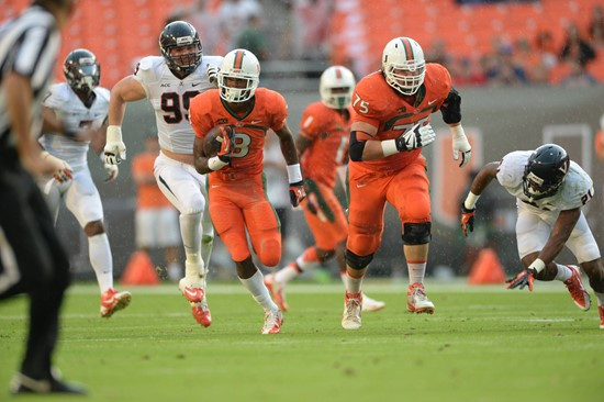 University of Miami Hurricanes wide receiver Stacy Coley #3 plays in a game against the Virginia Cavaliers at Sun Life Stadium on November 23, 2013. ...