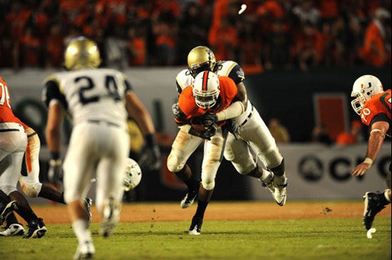 University of Miami Hurricanes running back Javarris James #5 rushed 12 times for 74 yards and scored a touchdown against Charleston Southern...