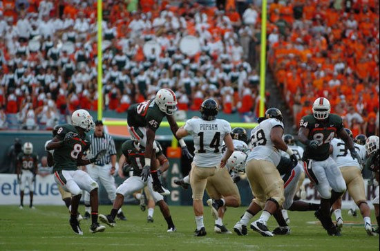 University of Miami Hurricanes defensive back Ramon Buchanan #45 plays in a game against the Deamon Deacons of Wake Forest at Dolphin Stadium on...