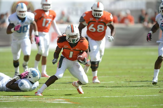 University of Miami Hurricanes wide receiver Allen Hurns #1 runs in a game against the North Carolina Tar Heels at Sun Life Stadium on October 13,...