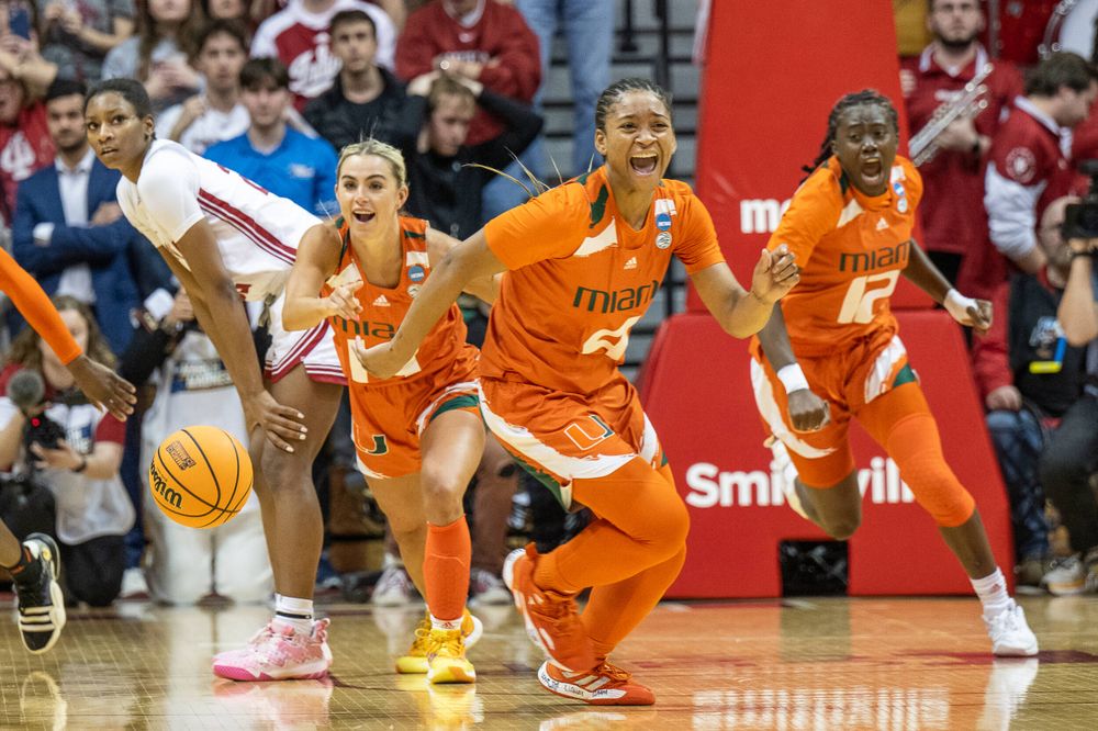 Miami women's basketball celebrates win at Indiana