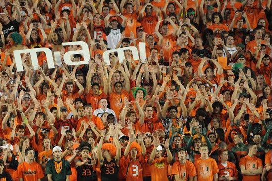 University of Miami Hurricane fans show their team spirit in a game against the Florida State Seminoles at Sun Life Stadium on October 9, 2010. Photo...