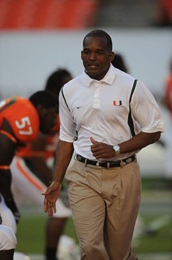 University of Miami Hurricanes head coach Randy Shannon on the sidelines in a game against the Georgia Tech Yellow Jackets at Land Shark Stadium on...