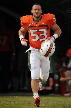University of Miami Hurricanes linebacker Sean Goldstein #53 plays in a game against the Boston College Eagles at Sun Life Stadium on November 25,...