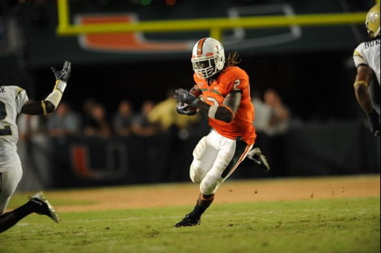 University of Miami running back Graig Cooper #2 plays in a game against the Georgia Tech Yellow Jackets at Land Shark Stadium on September 17, 2009....