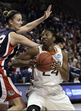 Miami's Jessica Capers, right, moves on Gonzaga's Kayla Standish in the first half of an NCAA tournament second-round women's college basketball game...