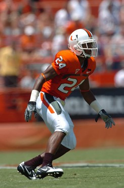 Univesity of Miami defensive back Chavez Grant #24 drops into coverage in a game against Marshall University at the Orange Bowl on September 1, 2007. ...