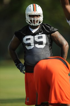 University of Miami defensive lineman, Marcus Forston #99, in his first spring practice at Greentree Practice fields on March 5, 2011 on the...