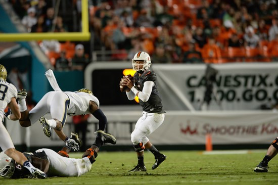 University of Miami Hurricanes quarterback Brad Kaaya #15 plays in a game against The Pittsburgh Panthers at Sun Life Stadium on November 29, 2014. ...