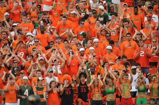 University of Miami Hurricane fans show their team spirit in a game against the Deamon Deacons of Wake Forest at Dolphin Stadium on October 25, 2008. ...
