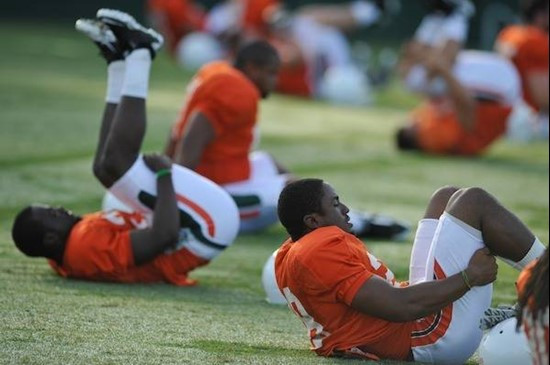 University of Miami Hurricanes players stretch at Greentree practice fields training for the upcoming 2010 season. The practice was open for Season...