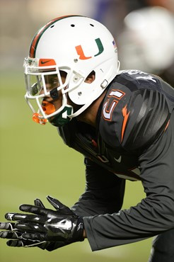 University of Miami Hurricanes defensive back Antonio Crawford #21 catches a ball during pregame drills in a game against the Duke Blue Devils at Sun...
